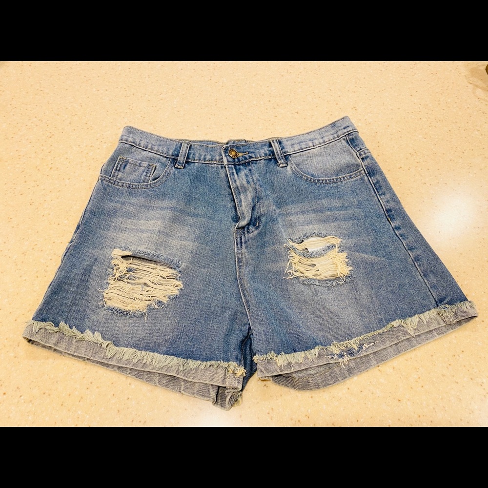 EUC HENCHENG JEAN RIPPED HIGH WAISTED SHORTS